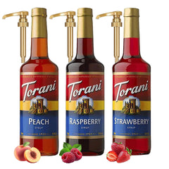 Torani Raspberry Syrup bottle for vibrant Italian sodas and desserts.