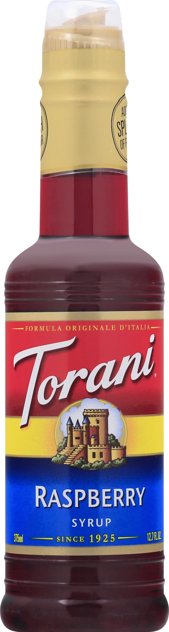 Torani Raspberry Syrup bottle with vibrant berry aroma for beverages.