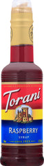 Torani Raspberry Syrup bottle with vibrant berry aroma for beverages.