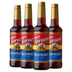 Torani Raspberry Syrup bottle showcases authentic berry flavor for drinks.