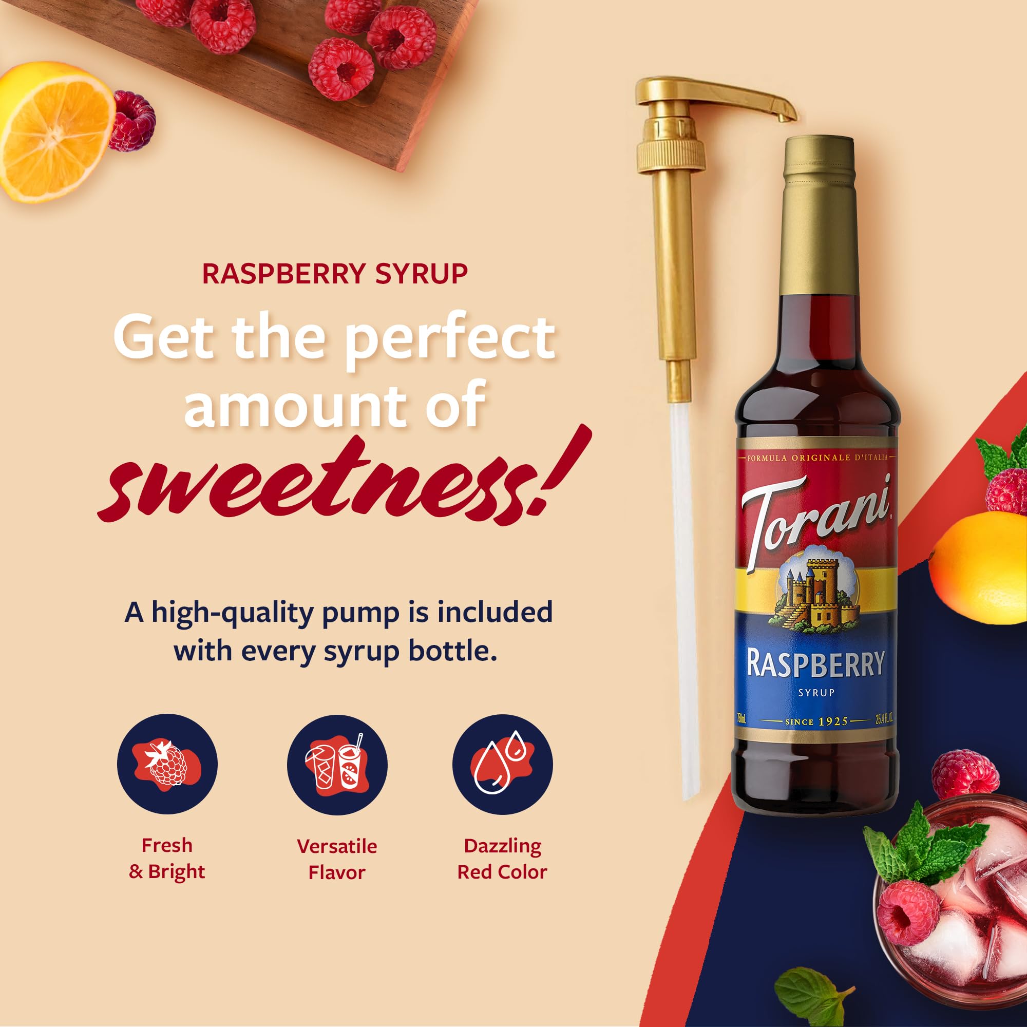 Torani Raspberry Syrup in a glass creates a bright, flavorful beverage.