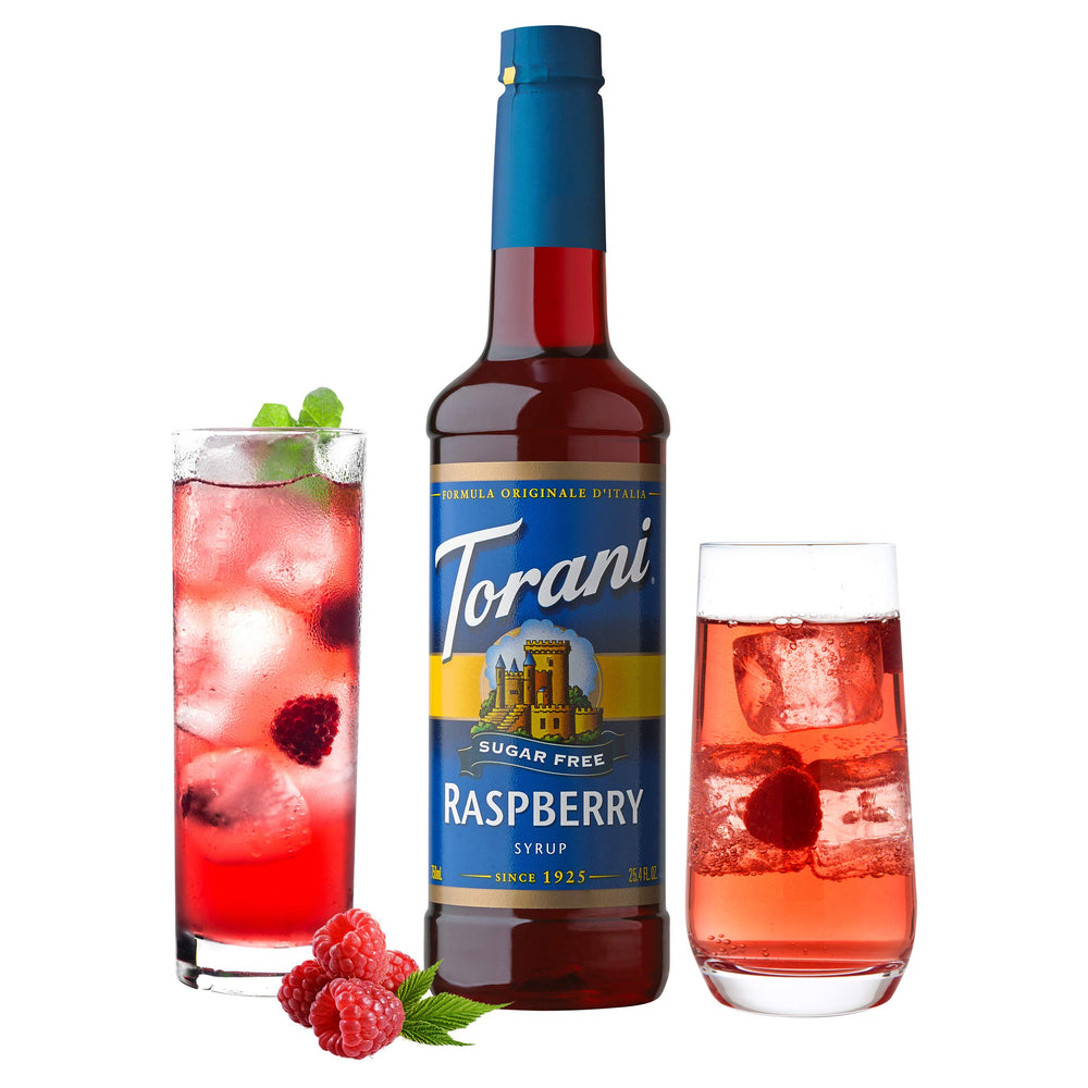 Torani Raspberry Syrup glass with ice highlighting vibrant berry taste.
