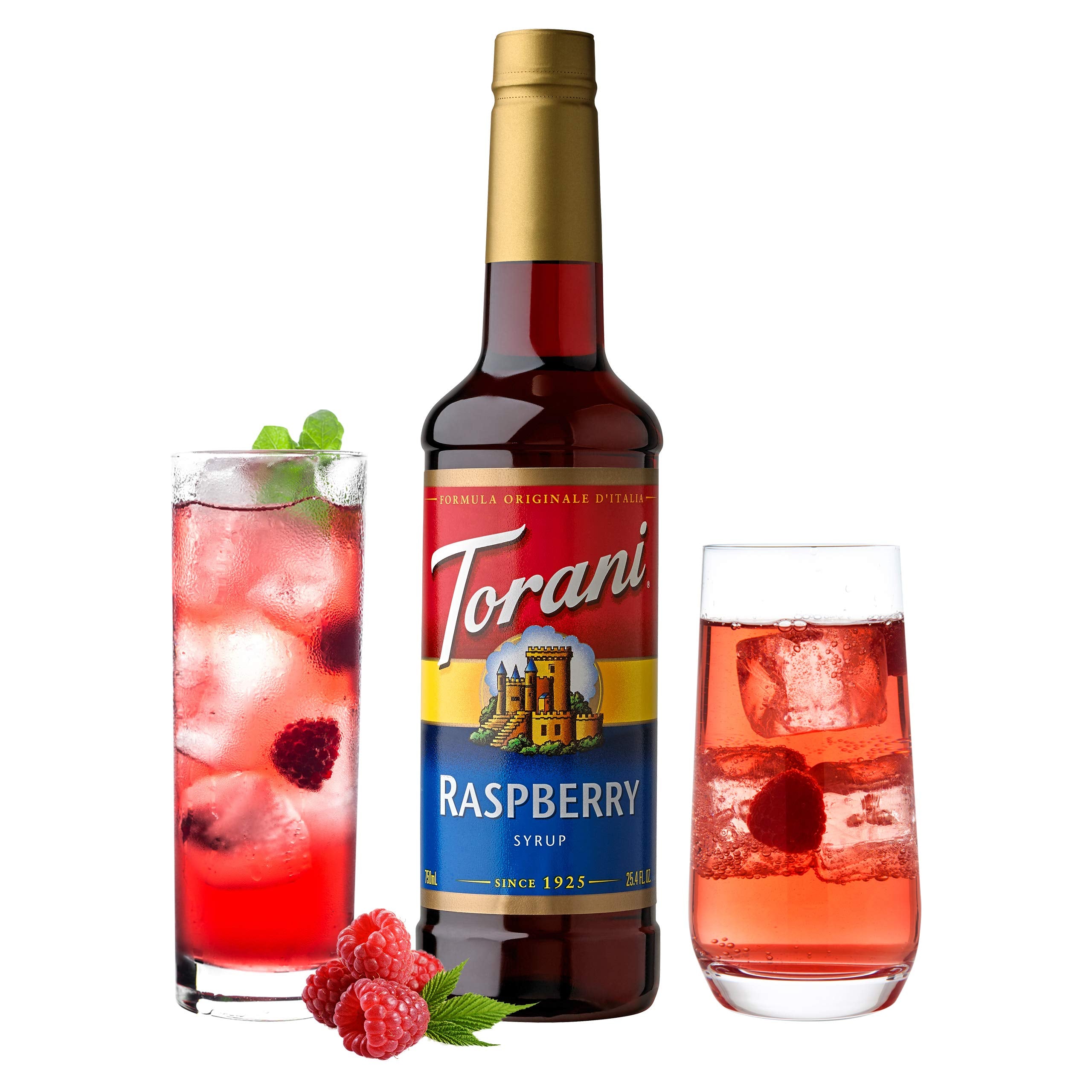 Close-up of Torani Raspberry Syrup label with natural flavor notes.