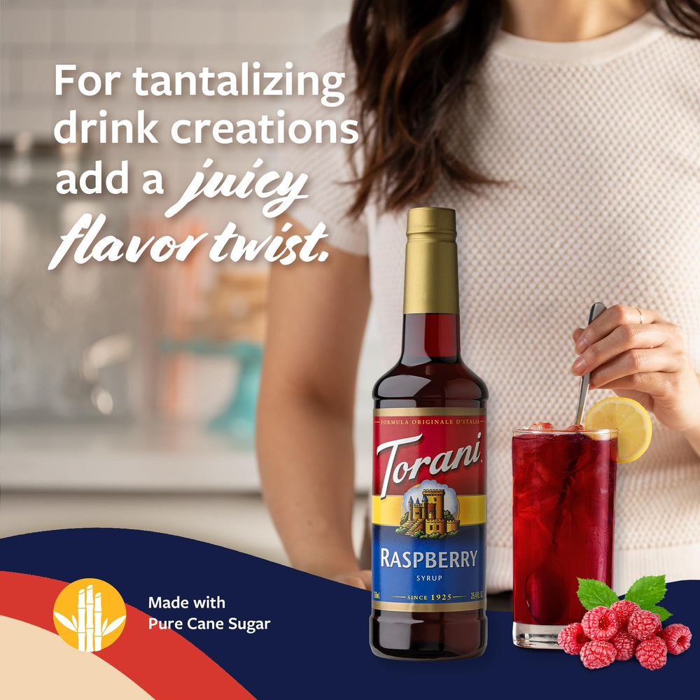 Torani Raspberry Syrup label detail highlighting natural flavors and versatility.