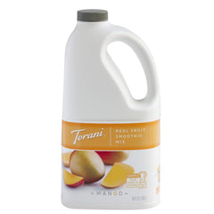 Torani Real Fruit Smoothie Mix Mango bottle pour showing easy blending for vibrant drinks