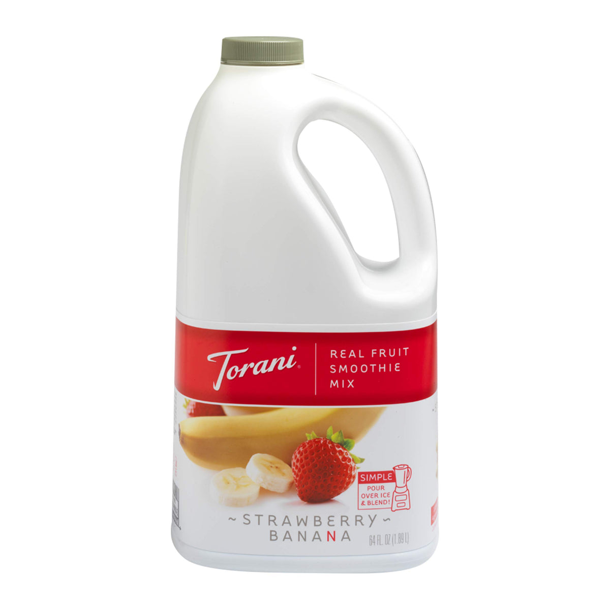 Torani Real Fruit Smoothie Mix strawberry banana bottle for quick, creamy blends.