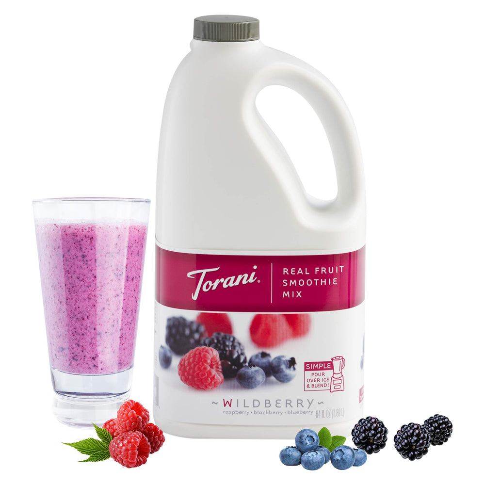 Torani Real Fruit Smoothie Mix blends ripe berries for vibrant shakes and smoothies.