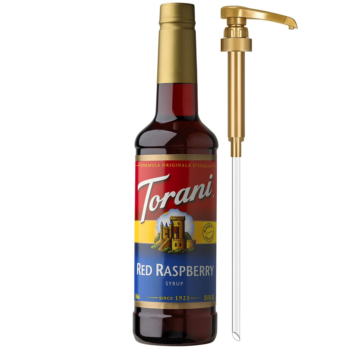 Torani Red Raspberry Syrup bottle with pump for precise, mess-free sweetening.
