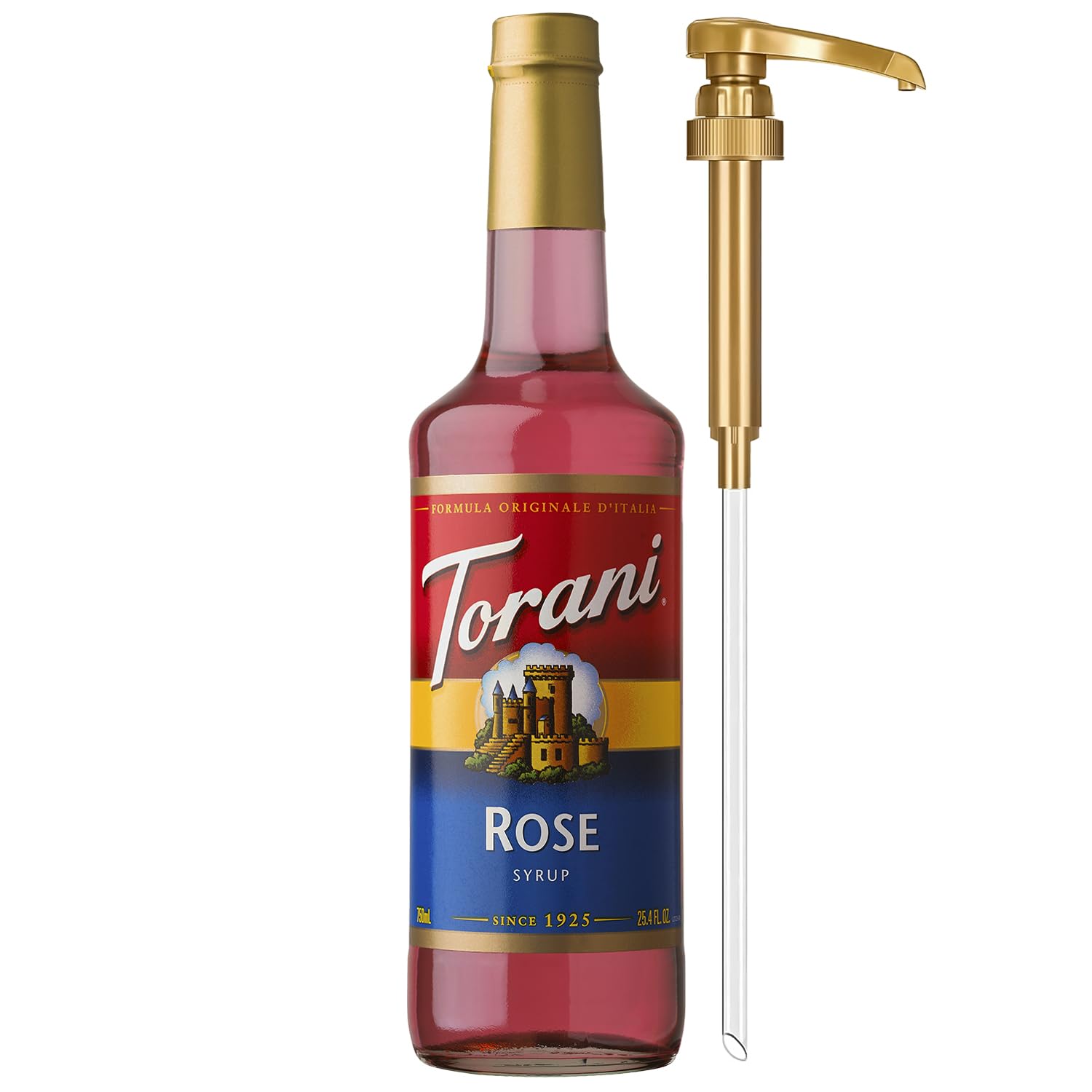 Torani Rose Syrup bottle with pump for easy, mess-free flavoring.