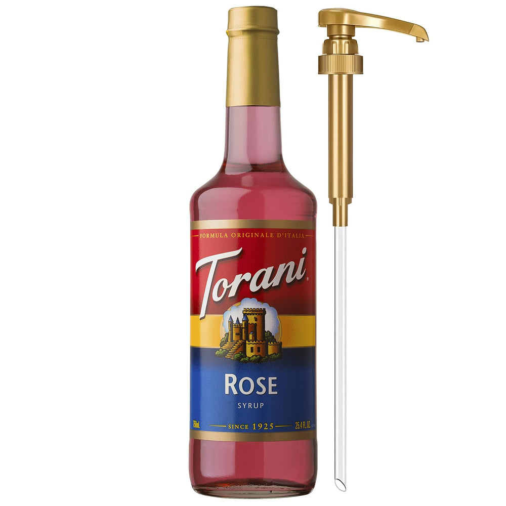 Torani Rose Syrup bottle with pump for easy, mess-free flavoring.