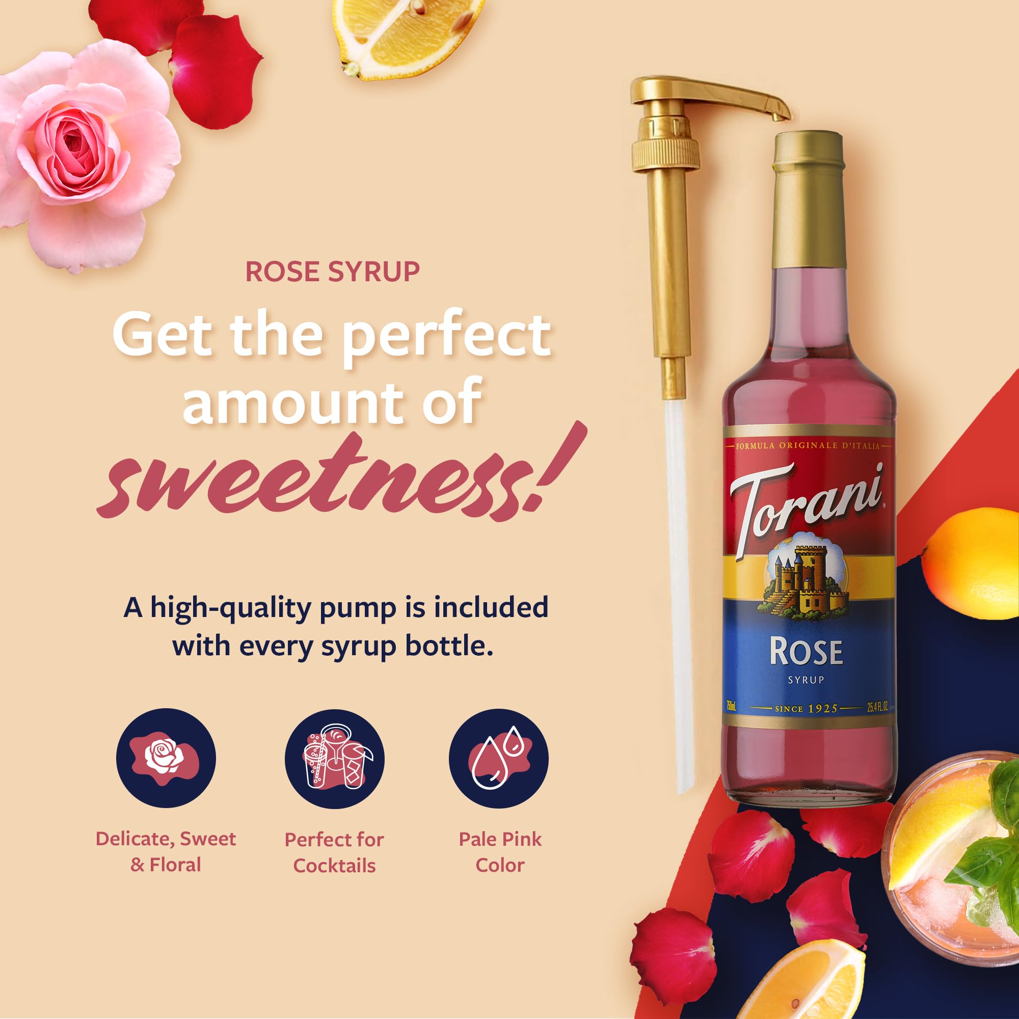 Torani Rose Syrup bottle elevates cocktails with delicate rose flavor.