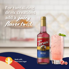 Torani Rose Syrup bottle enhances iced tea with fresh rose scent.