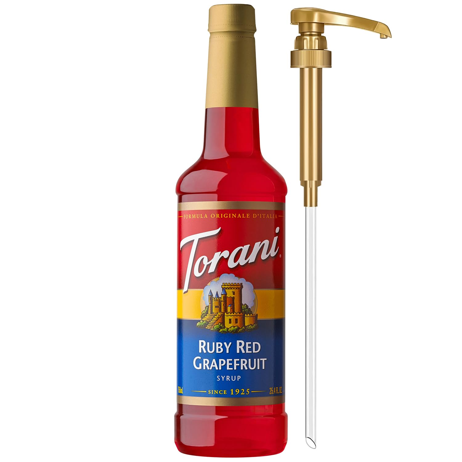 Torani Ruby Red Grapefruit Syrup pump for quick, controlled sweetness in drinks