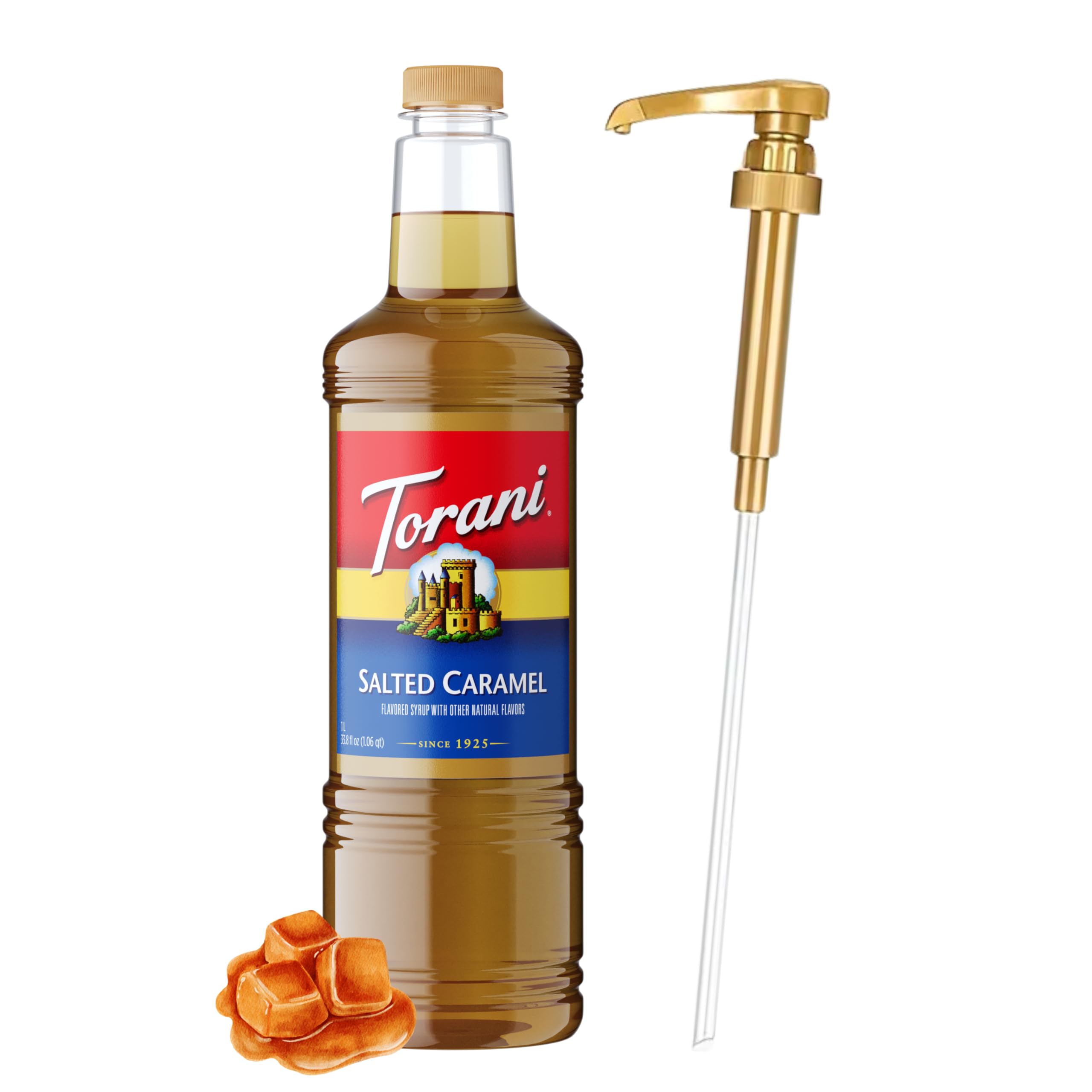 Torani salted caramel bottle with pump for mess-free flavoring in coffee and desserts.
