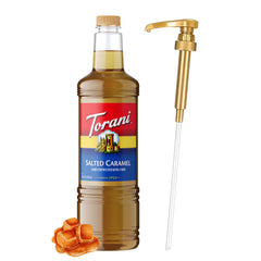 Torani salted caramel bottle with pump for mess-free flavoring in coffee and desserts.