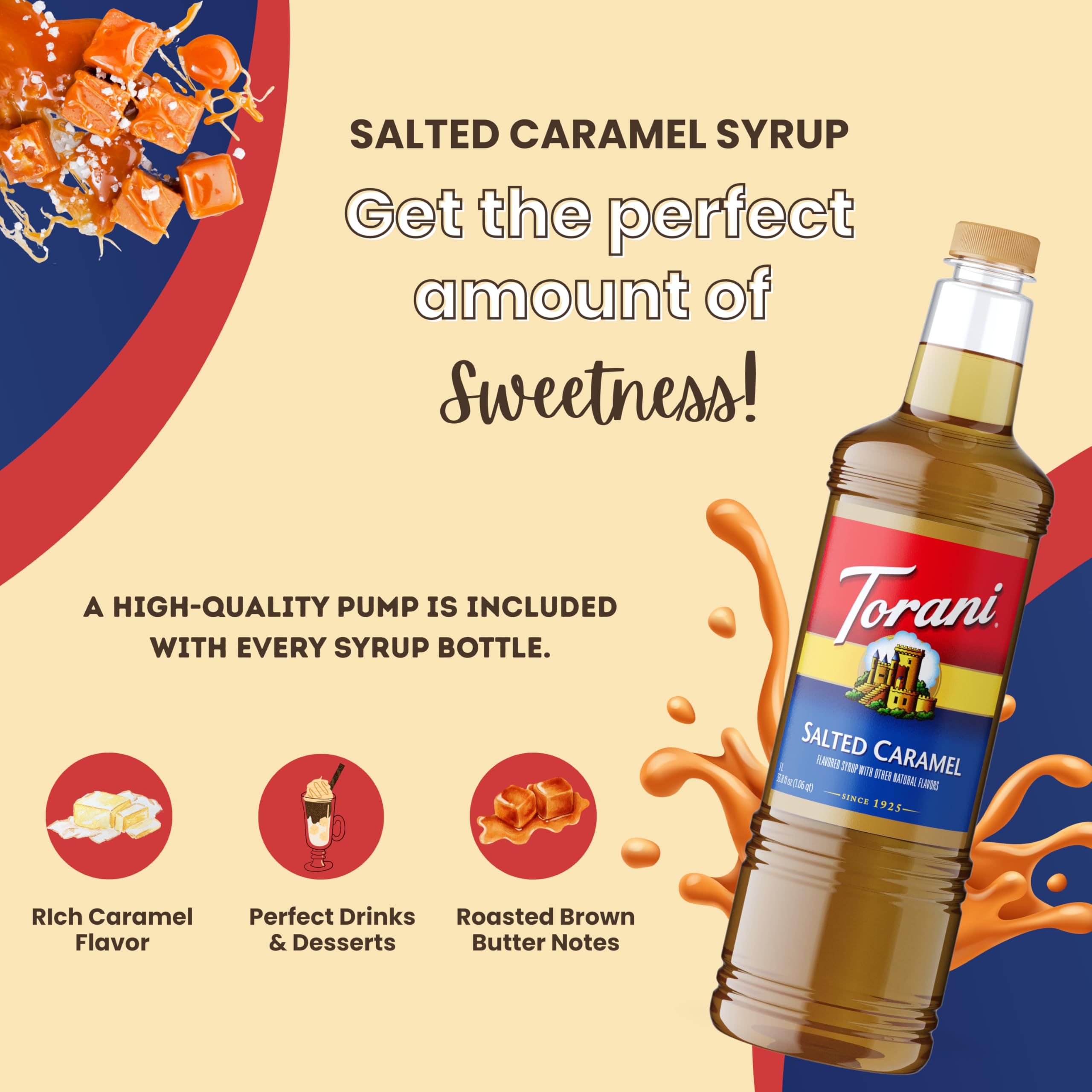 Torani salted caramel dessert drizzle adds a glossy caramel finish.