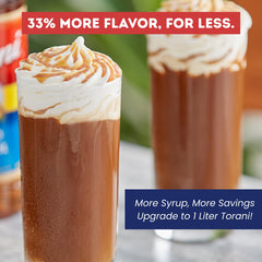 Torani salted caramel is being poured, highlighting smooth, balanced flavor for drinks.