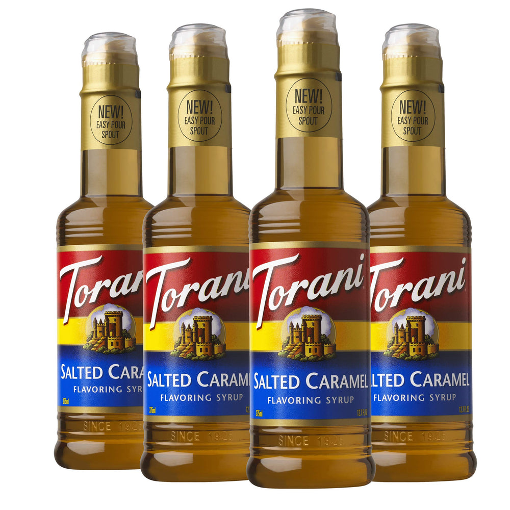 Torani Salted Caramel syrup bottle front view for flavor upgrades