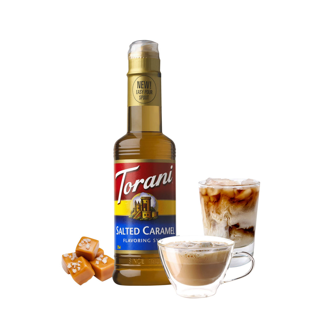 Torani Salted Caramel syrup back label with pack size information
