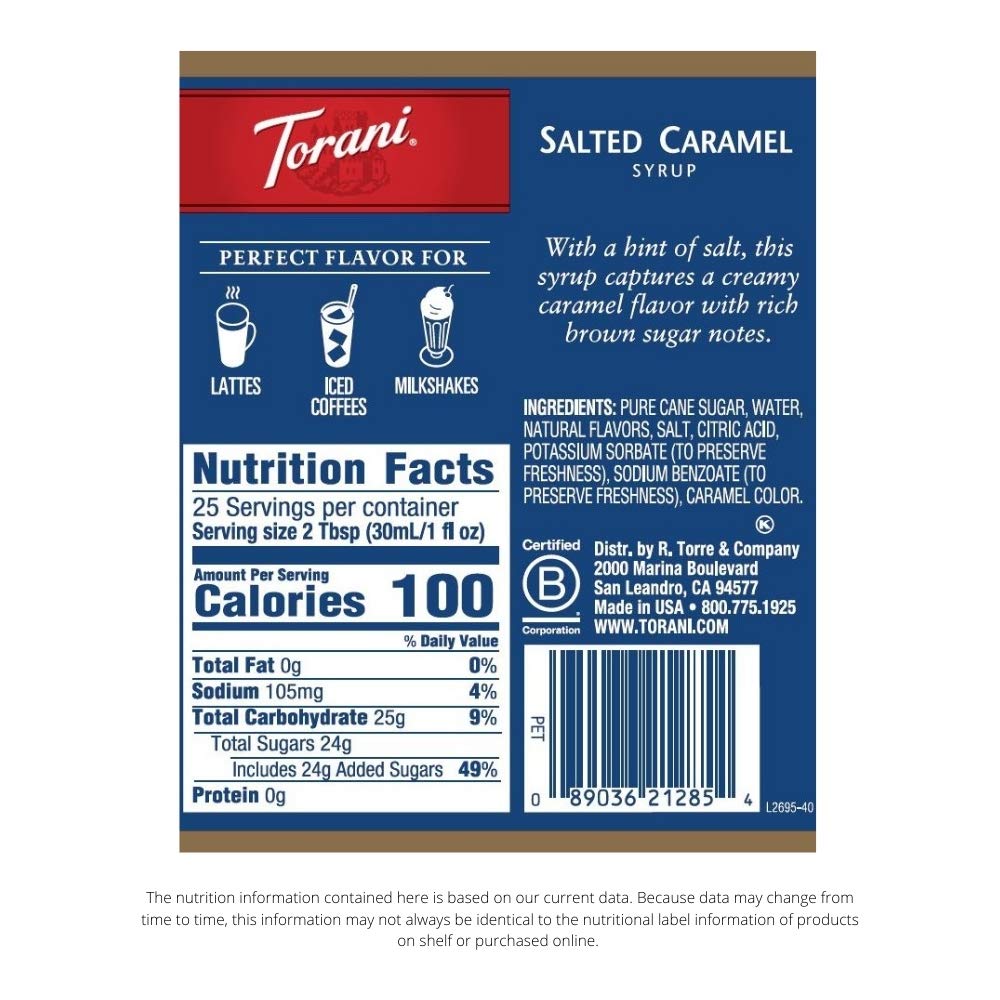 Close-up of Torani Salted Caramel Syrup bottle highlighting rich caramel sweetness.
