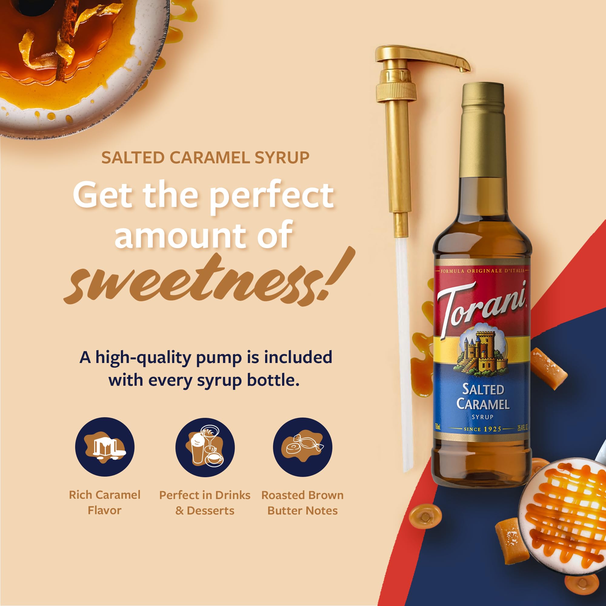 Torani salted caramel syrup bottle beside a steaming mug.