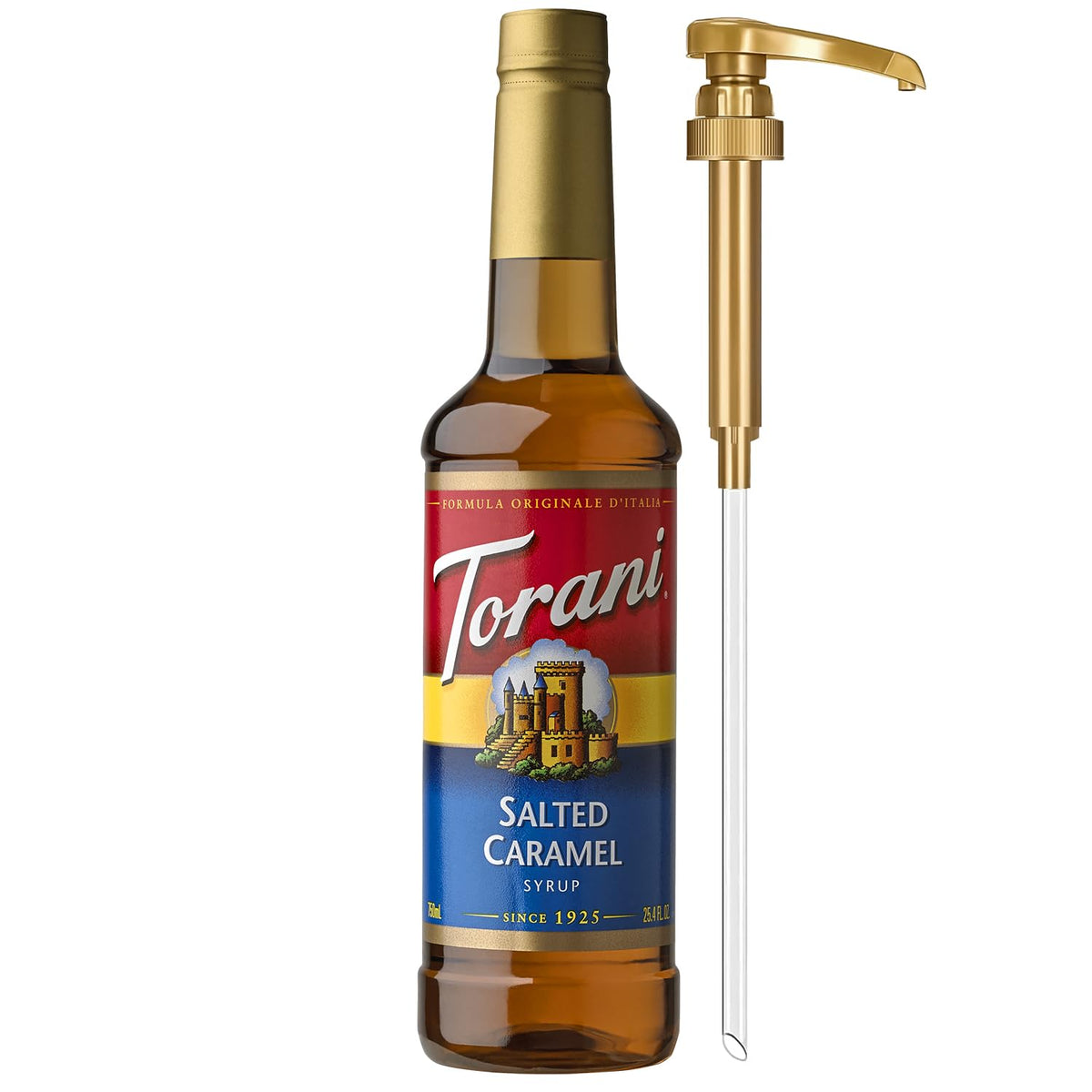 Torani salted caramel syrup pump on bottle for easy, mess-free sweetening.