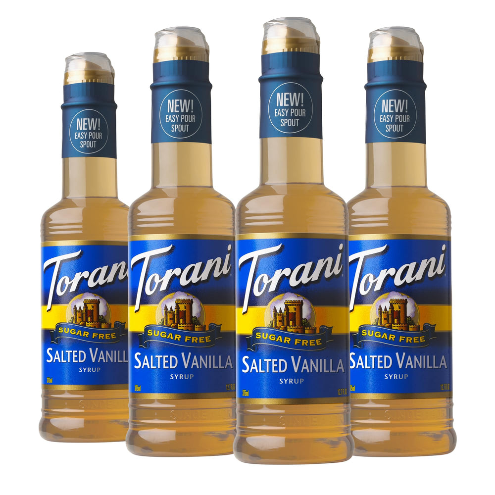 Torani Salted Vanilla Syrup bottle front showing product and flavor benefits for coffee lovers