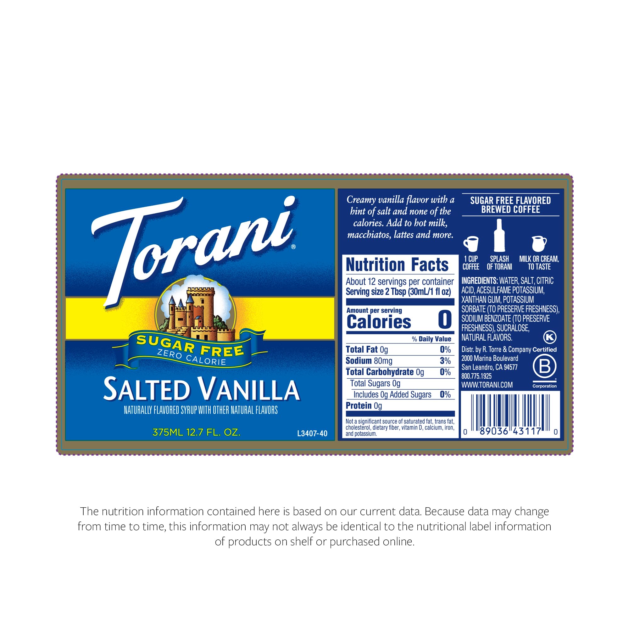 Torani Salted Vanilla Syrup pours into coffee for a vanilla, sugar-free twist