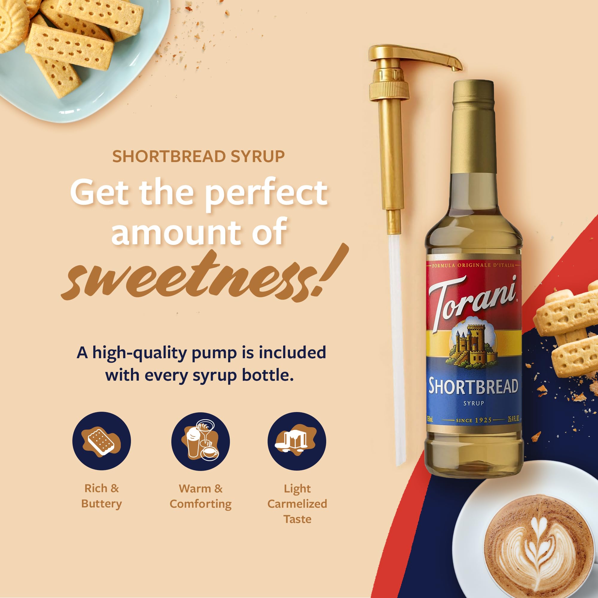 Torani Shortbread Syrup label highlights rich flavor notes