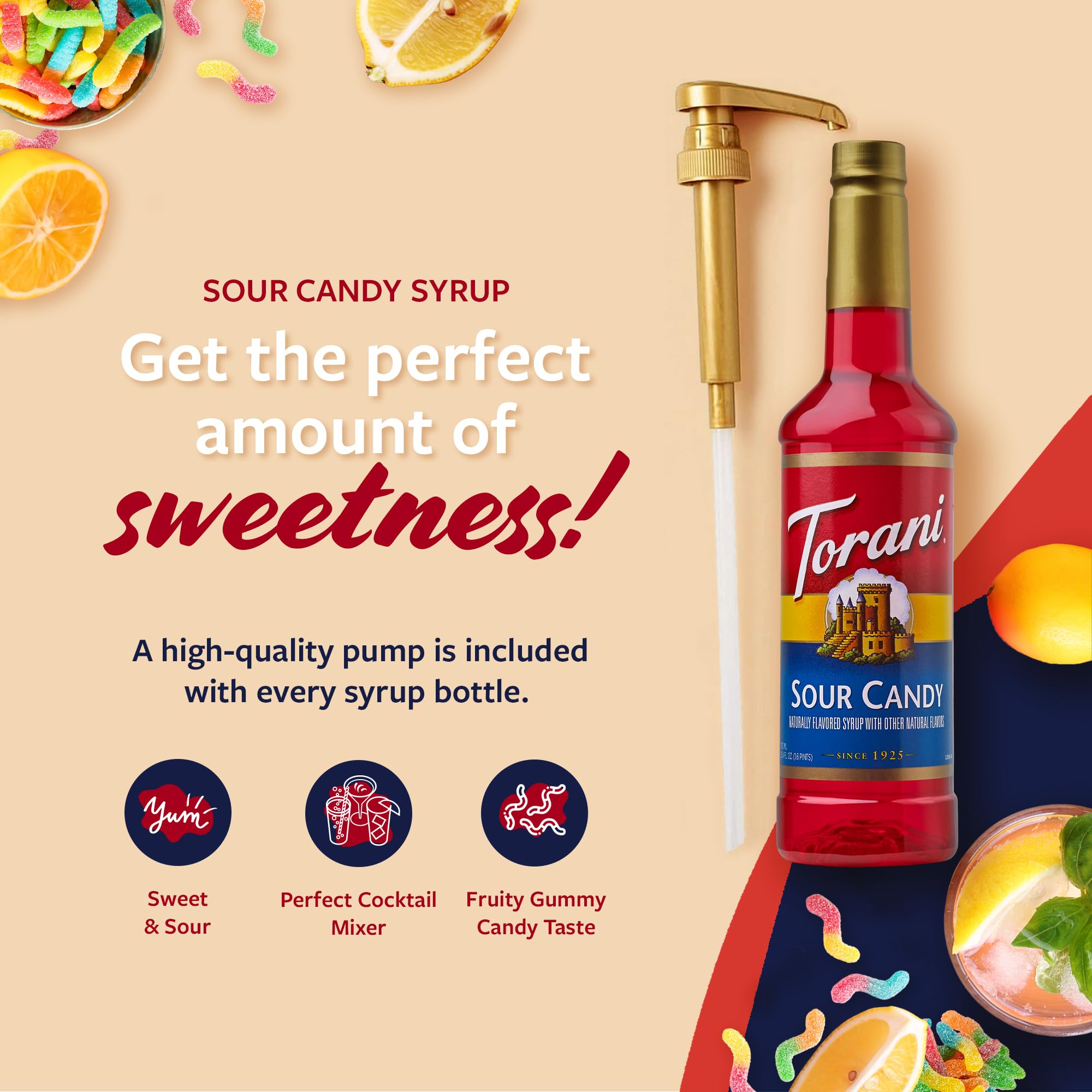 Close-up of Torani Sour Candy Syrup label with natural flavors.
