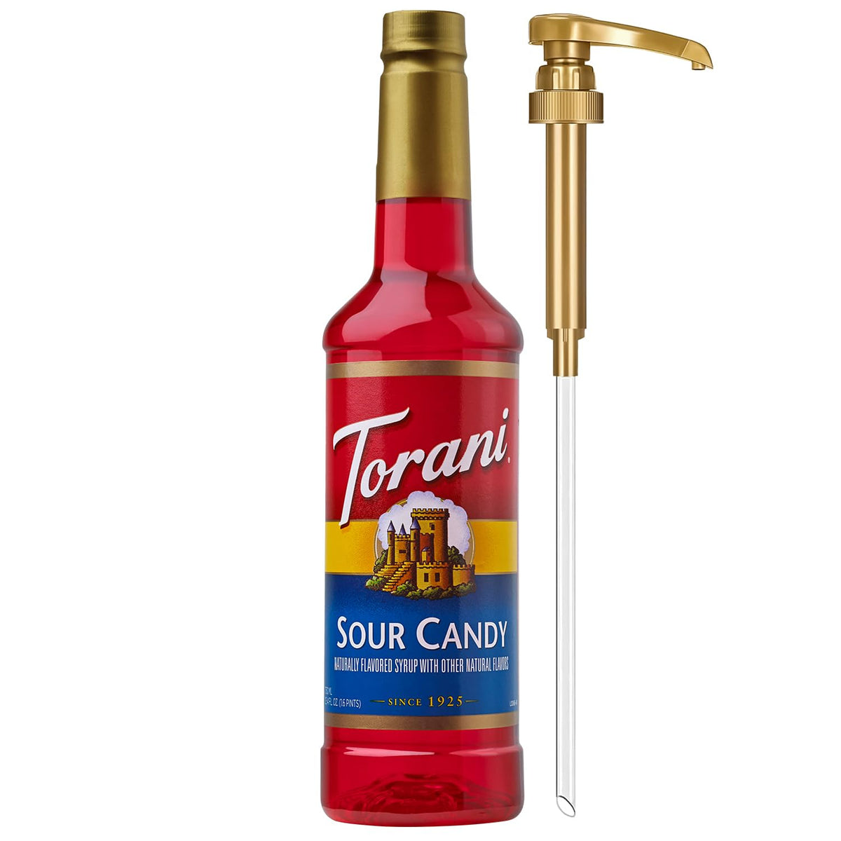 Torani Sour Candy Syrup pump on bottle for easy, mess-free flavoring.