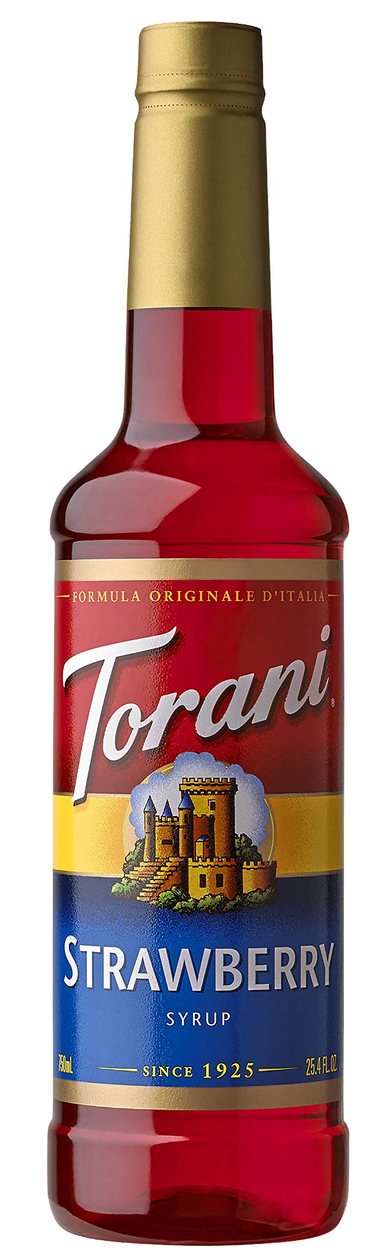 Torani Strawberry Syrup bottle front view for berry flavor in coffees.