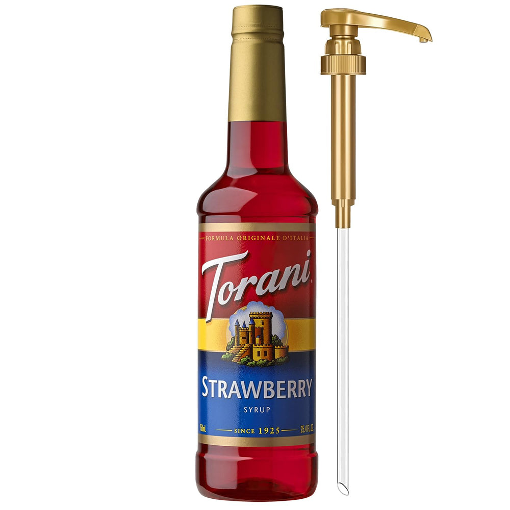 Torani Strawberry Syrup bottle with pump for easy, mess-free flavoring.