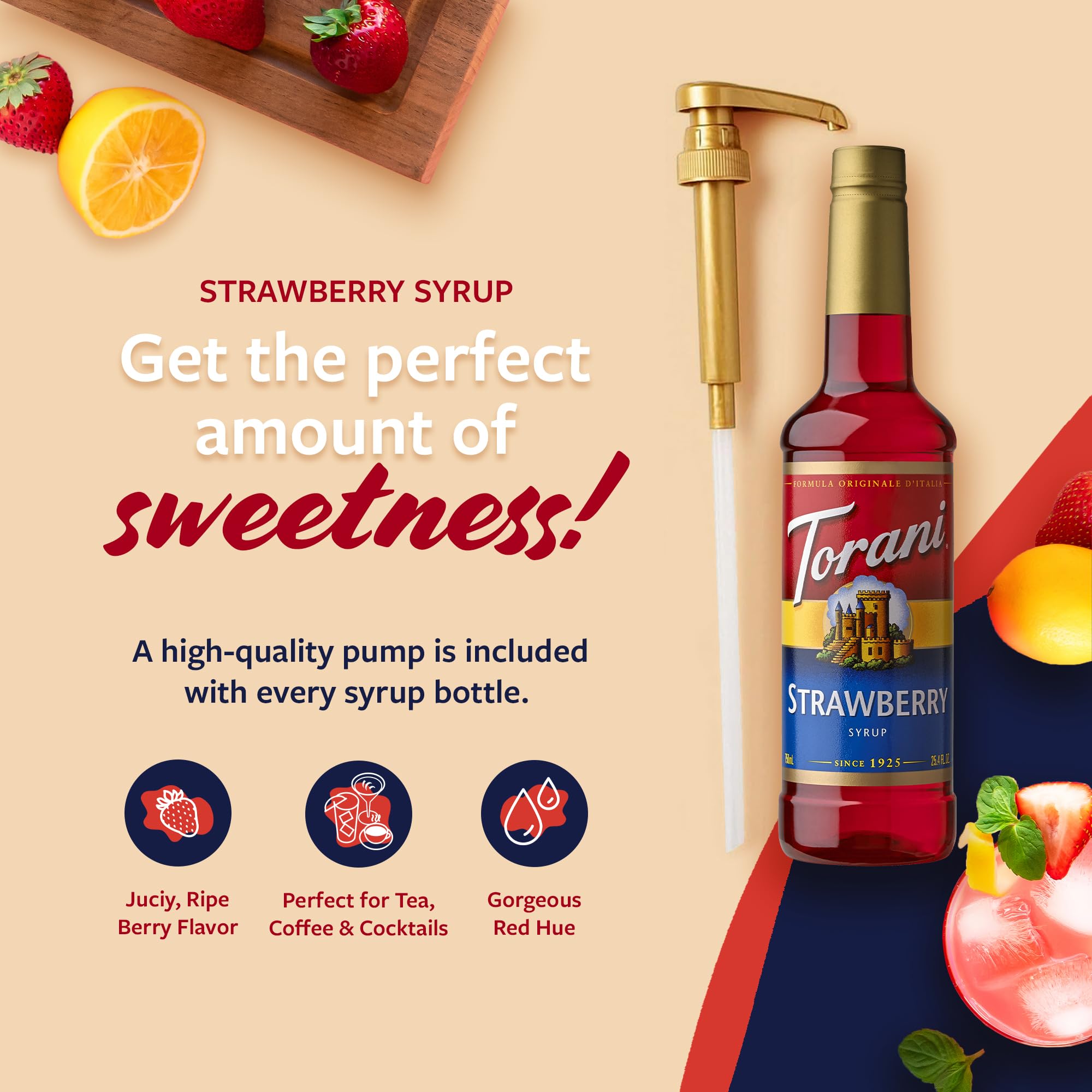 Torani Strawberry Syrup bottle side view highlights label and design.
