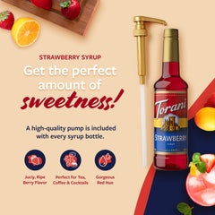 Torani Strawberry Syrup bottle side view highlights label and design.
