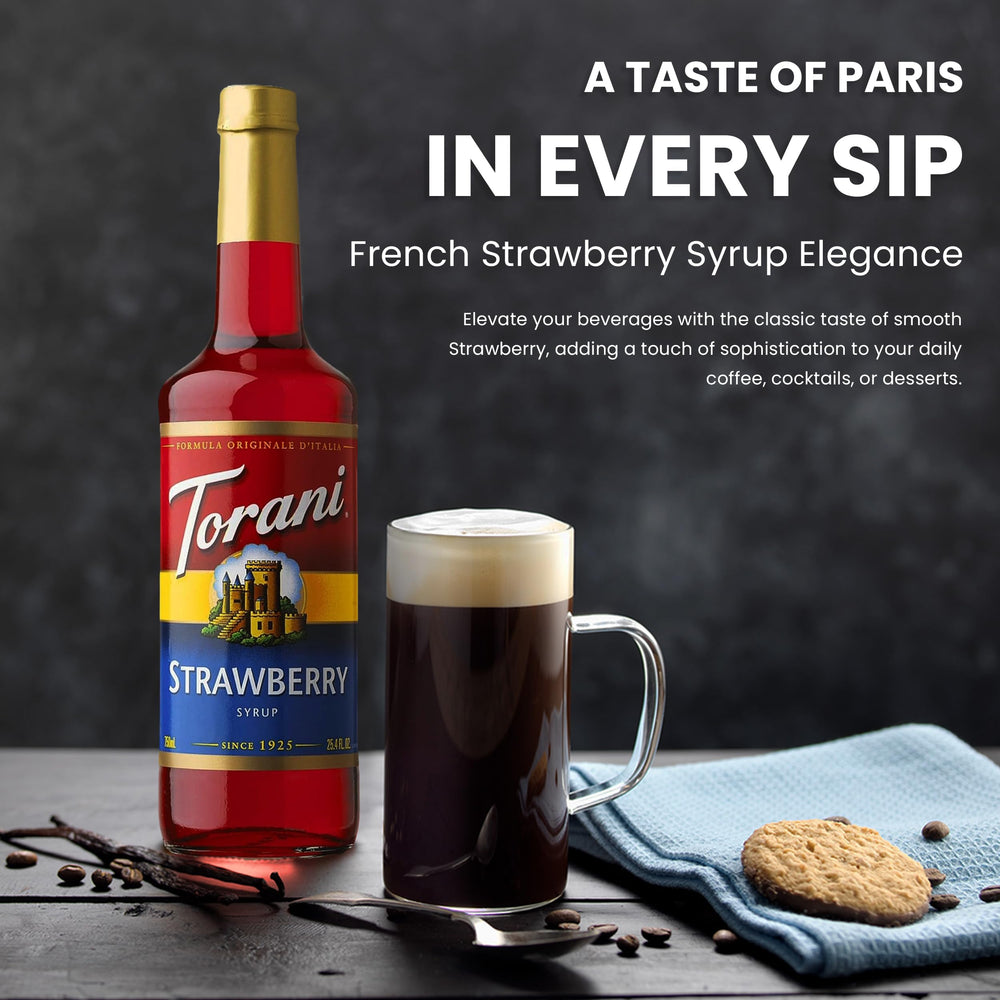 Torani Strawberry Syrup bottle for refreshing beverages.