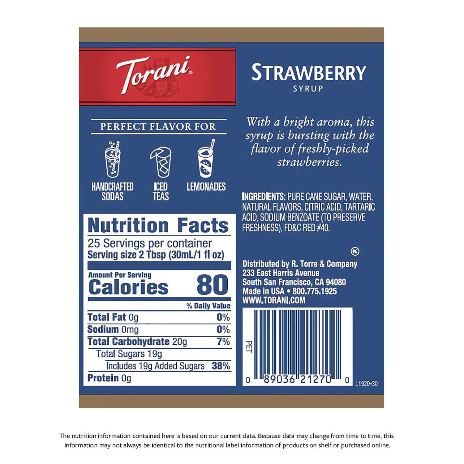 Torani Strawberry Syrup label close-up for authentic flavor inspiration.
