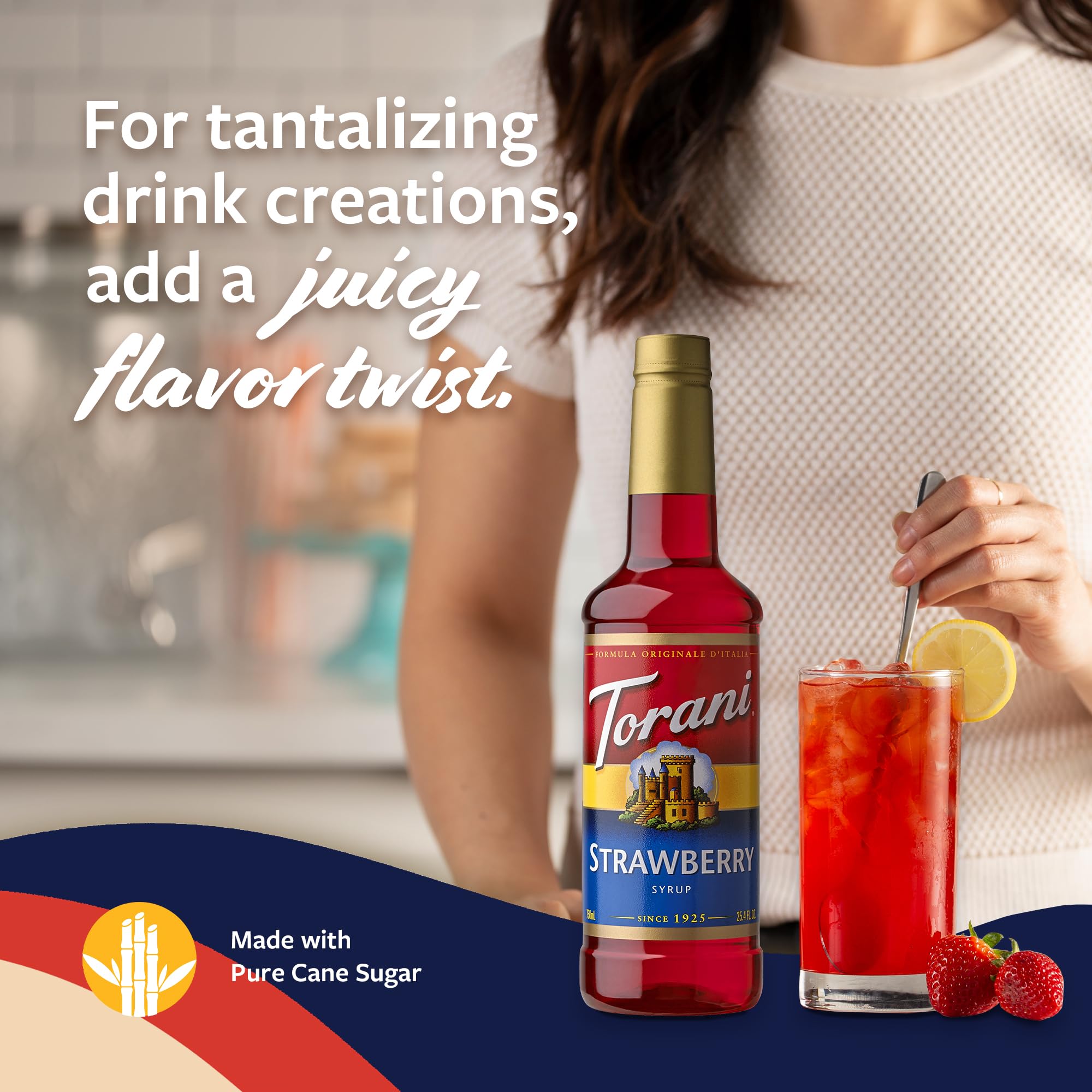 Torani Strawberry Syrup being poured into a glass for colorful drinks.