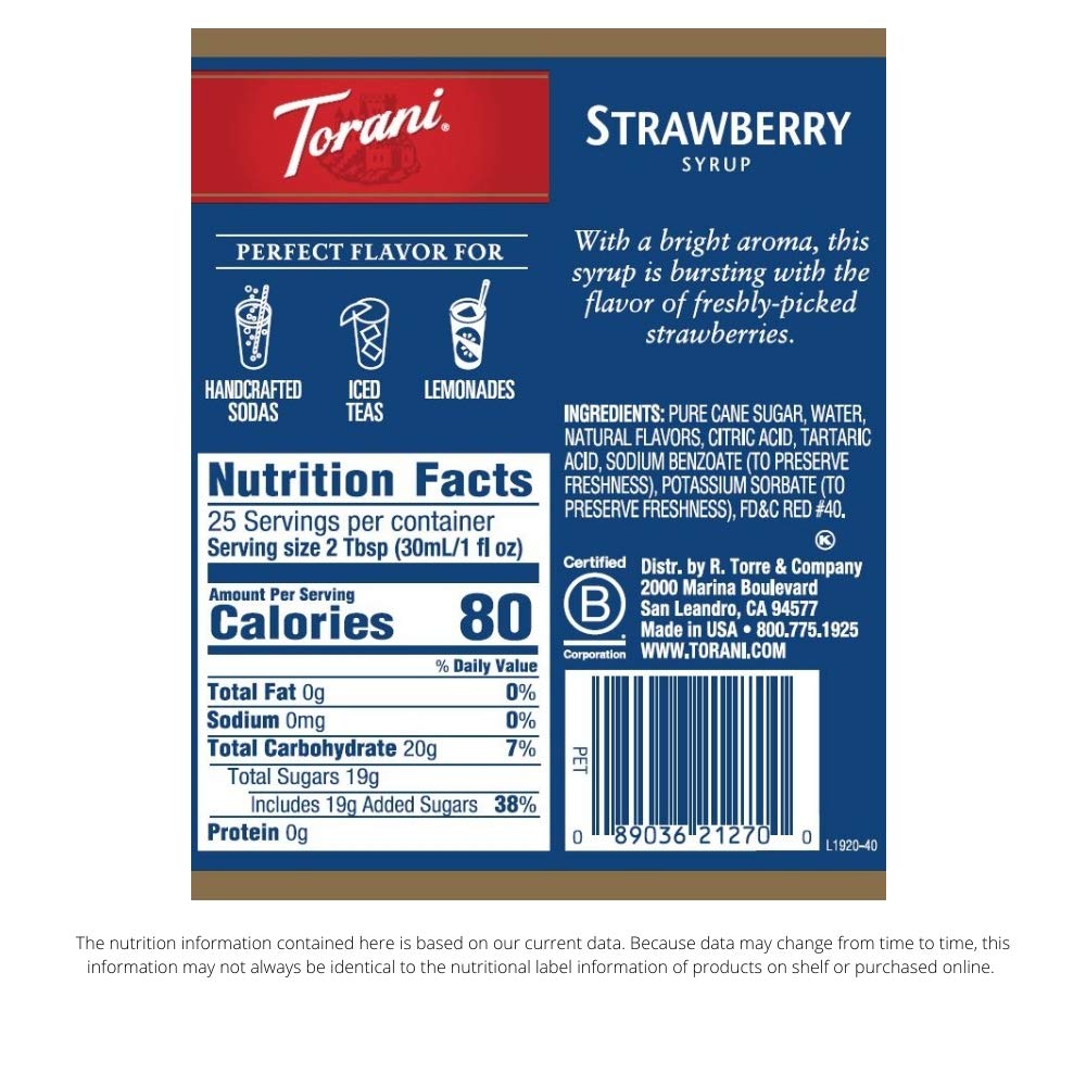 Torani Strawberry Syrup pour illustrating pouring over ice for refreshing drinks.