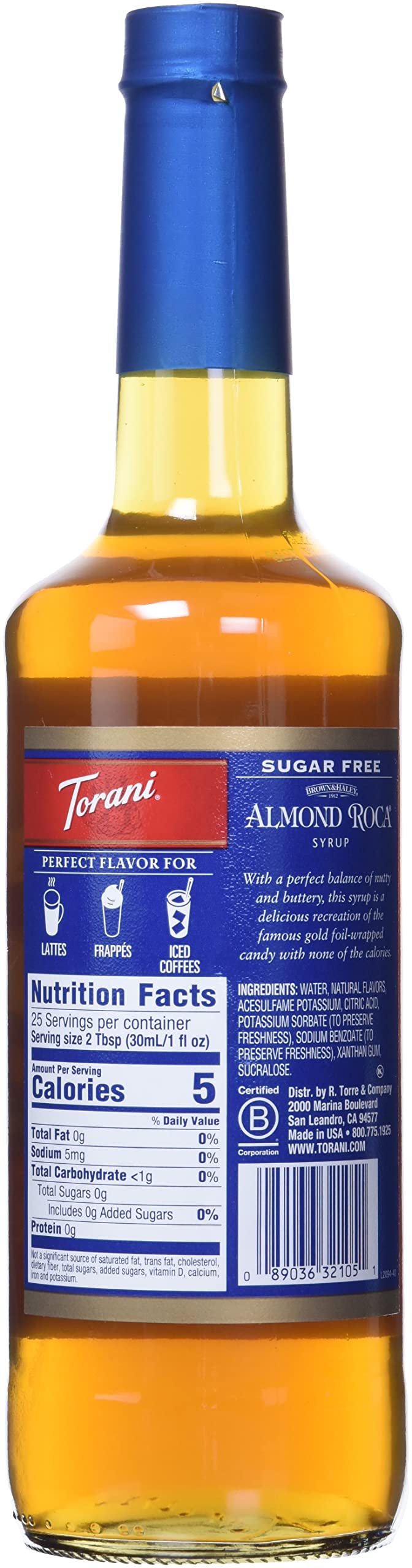 Torani Sugar Free Almond Roca bottle pour ideal for customizing iced or hot drinks