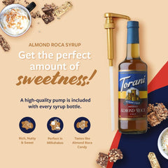 Torani Sugar Free Almond Roca syrup being poured over coffee