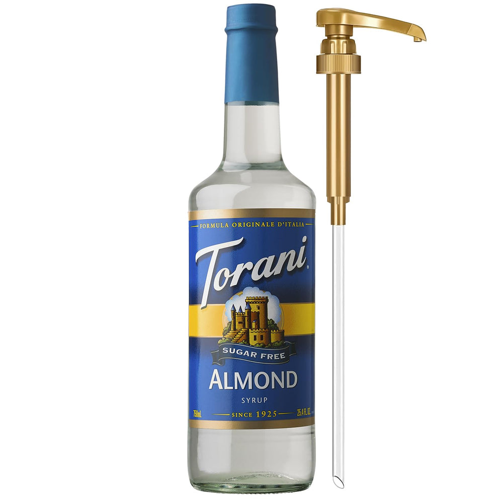 Torani Sugar Free Almond Syrup bottle with pump for mess-free sweetening.