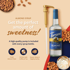 Pouring Torani Sugar Free Almond Syrup into a cup for flavor boost.