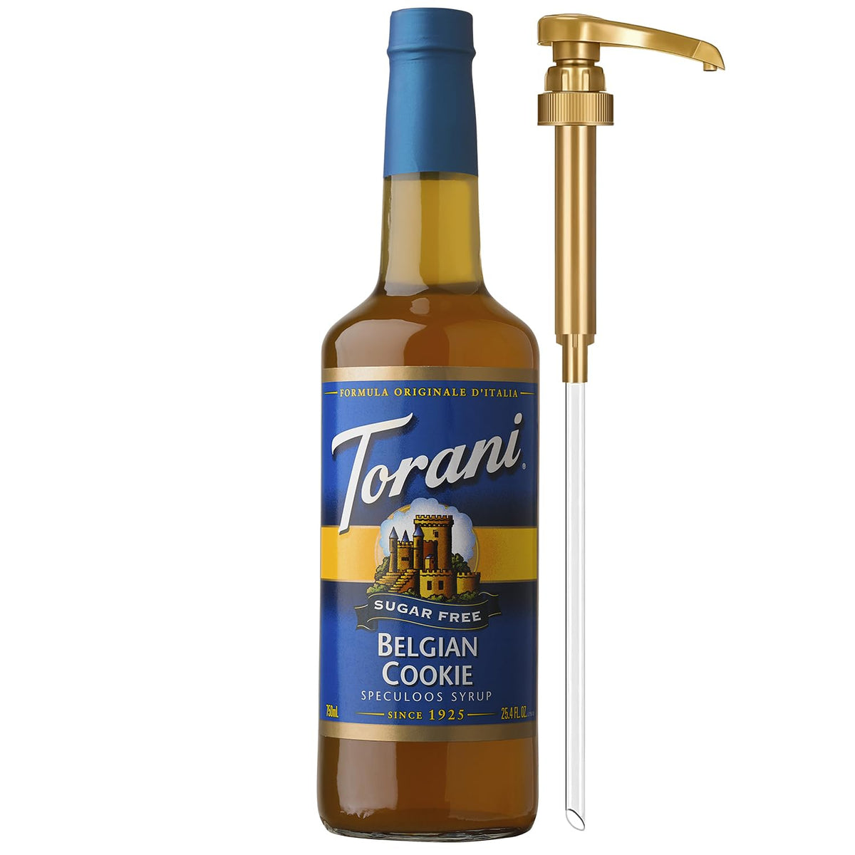 Torani Sugar-Free Belgian Cookie Syrup bottle with pump for zero-calorie flavoring.