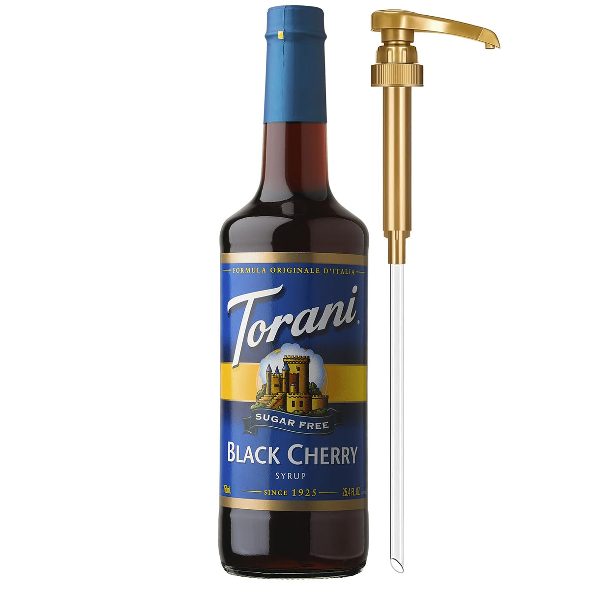 Torani Sugar-Free Black Cherry bottle with pump for mess-free sweetening.