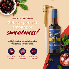 Torani sugar-free black cherry syrup in a glass with a mixed drink.