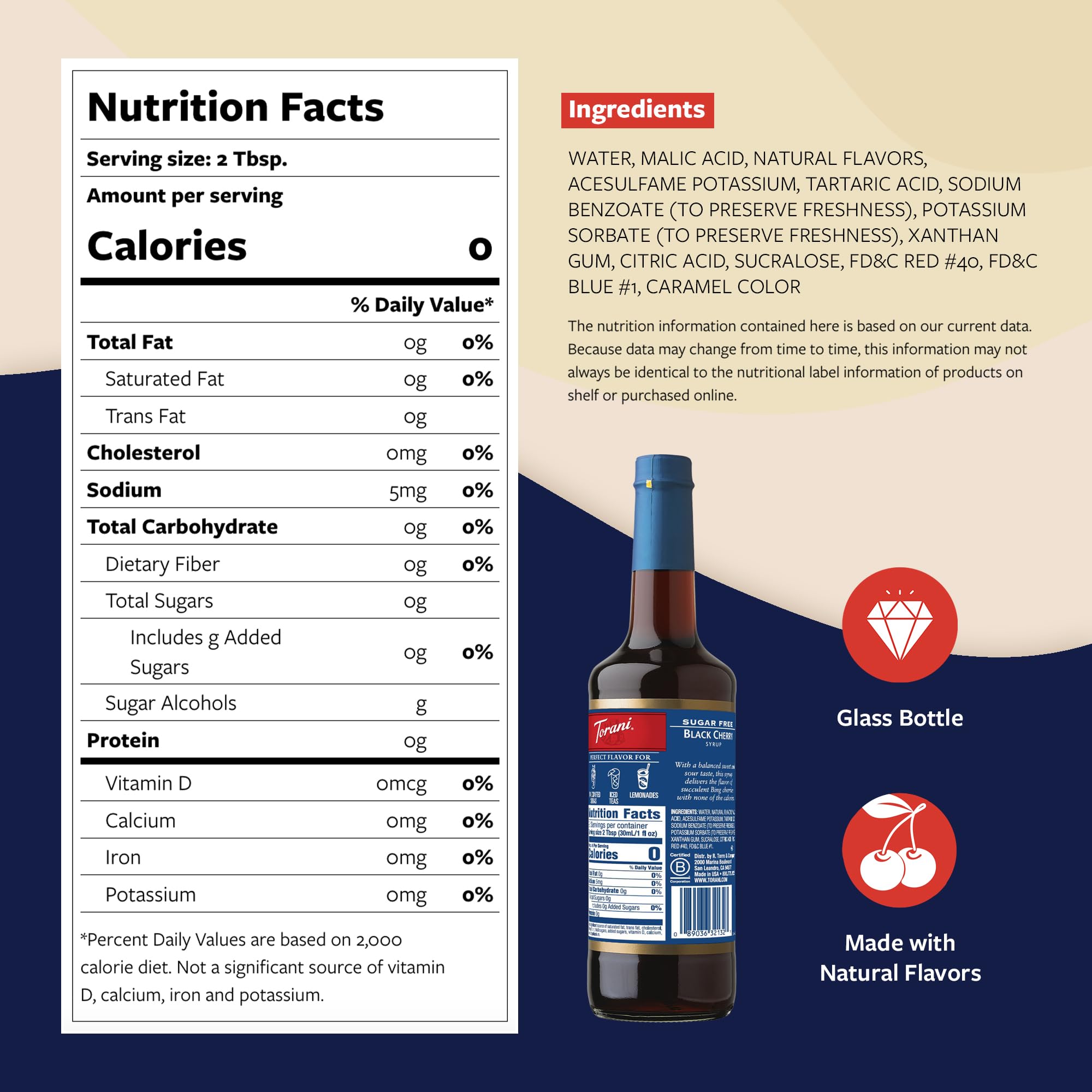 Close-up of the Torani label on sugar-free black cherry syrup.
