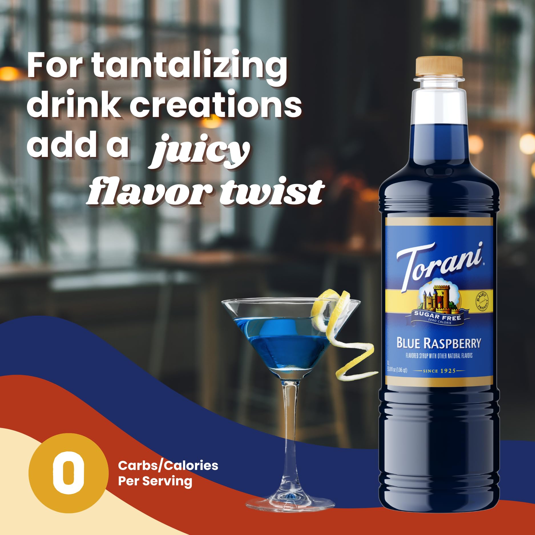 Torani blue raspberry syrup perfect for cold and hot beverages without sugar.