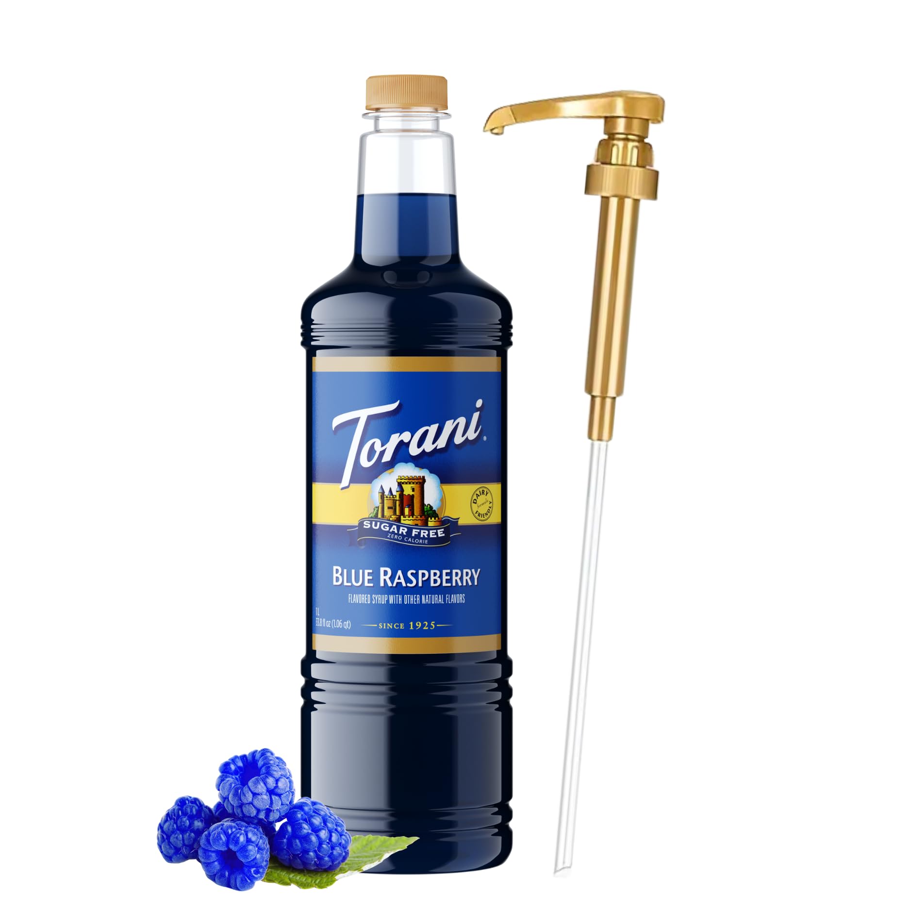 Torani sugar-free blue raspberry syrup bottle with pump for mess-free pours.