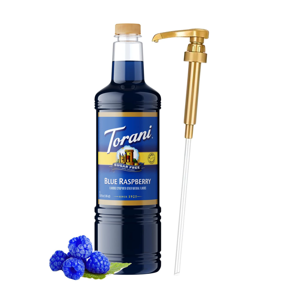 Torani sugar-free blue raspberry syrup bottle with pump for mess-free pours.